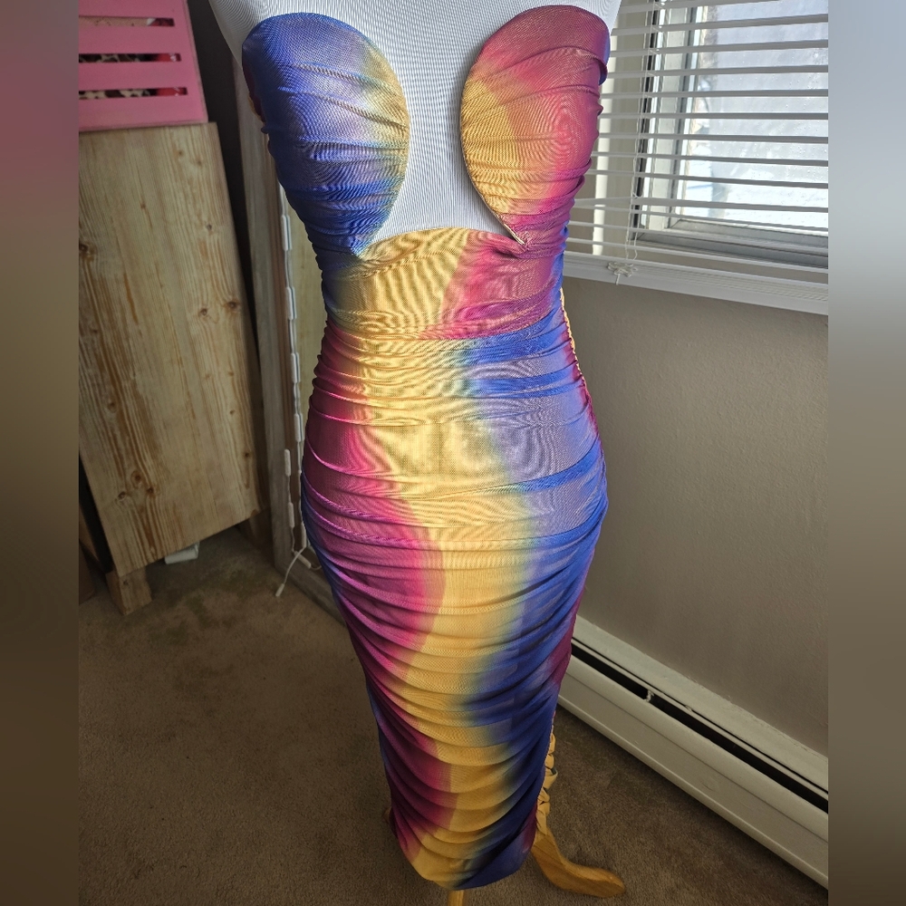 Fashion Nova Strapless Dress in Blue, Pink, and Yellow